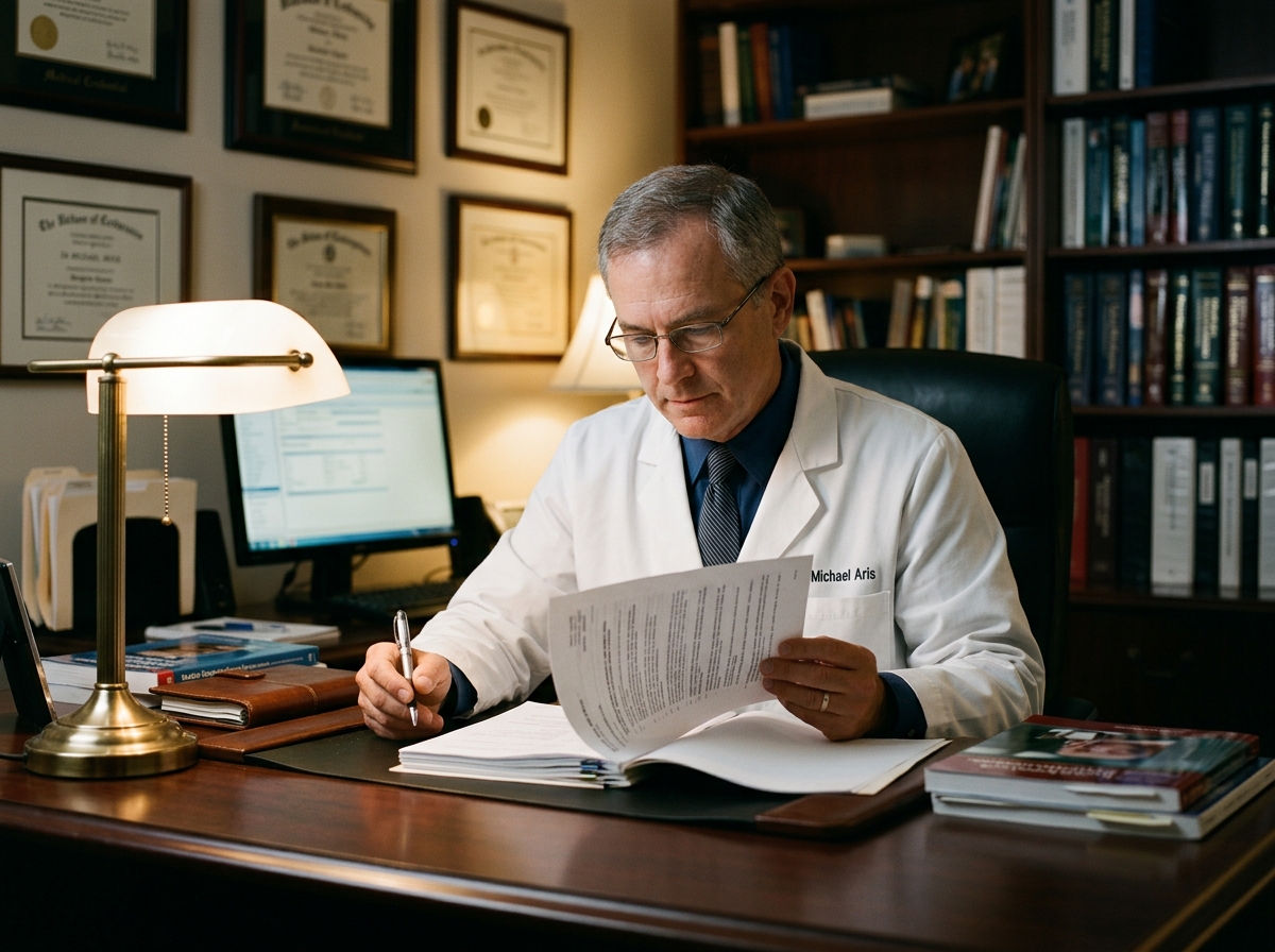 Specialty physician reviewing a regenerative medicine reimbursement guide at a private practice office desk.
