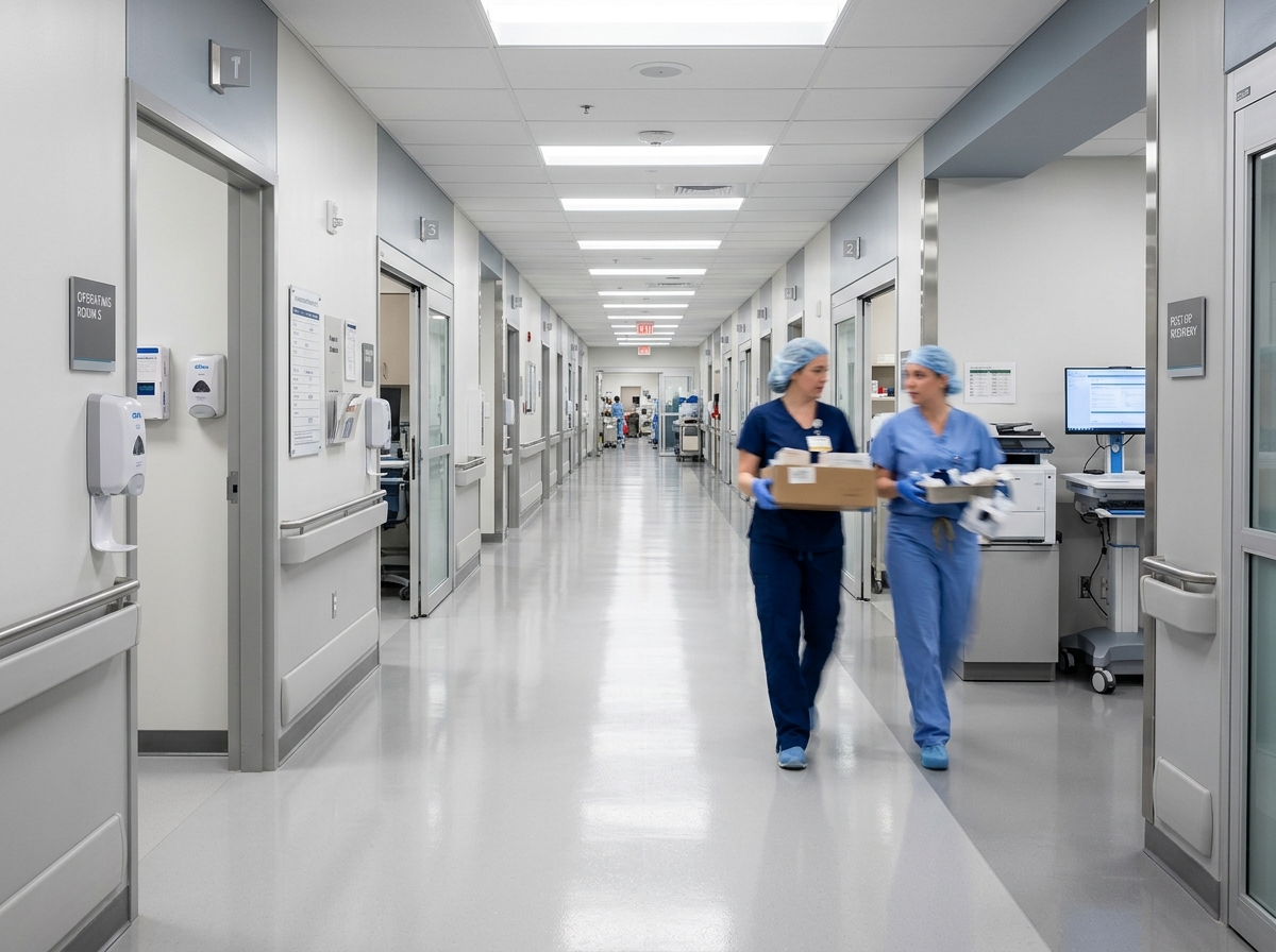 Ambulatory surgical center corridor showing clinical staff in motion, representing operational readiness and supply reliability for regenerative medicine procedures.