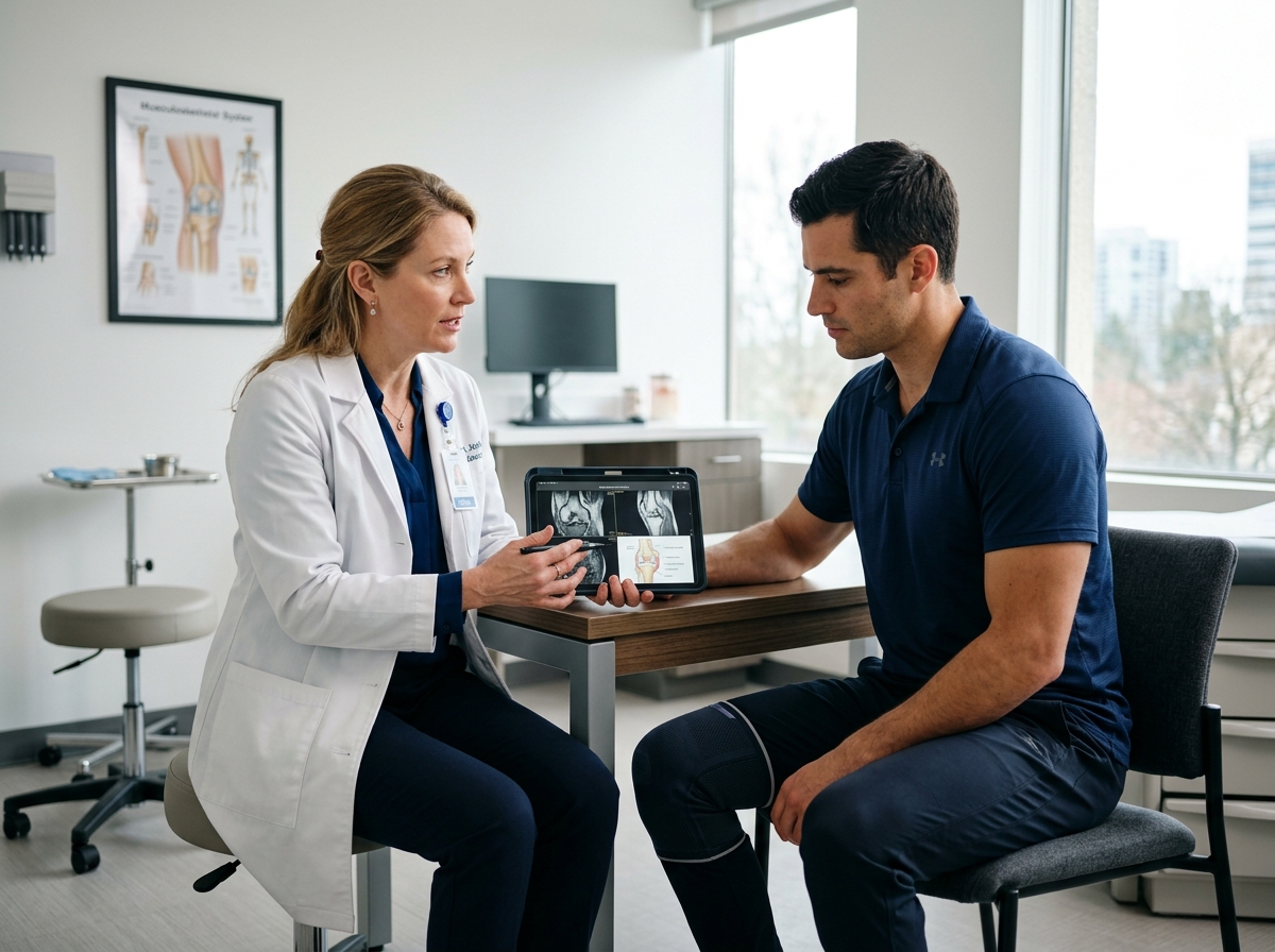 Doctor in white coat discusses regenerative medicine treatment options with patient using tablet displaying medical imaging in bright clinical office.