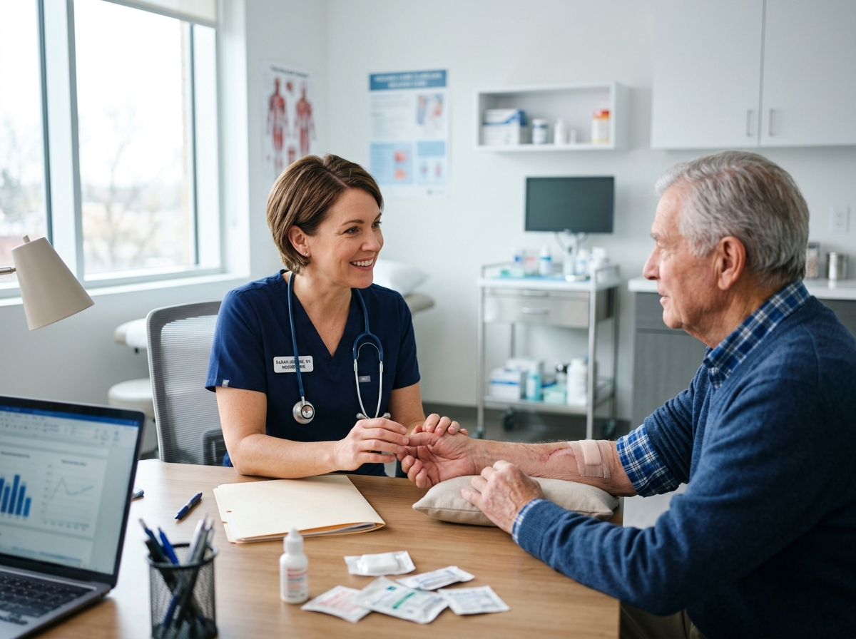 Healthcare professional in blue scrubs and stethoscope consulting with senior male patient at desk in modern clinical office setting.