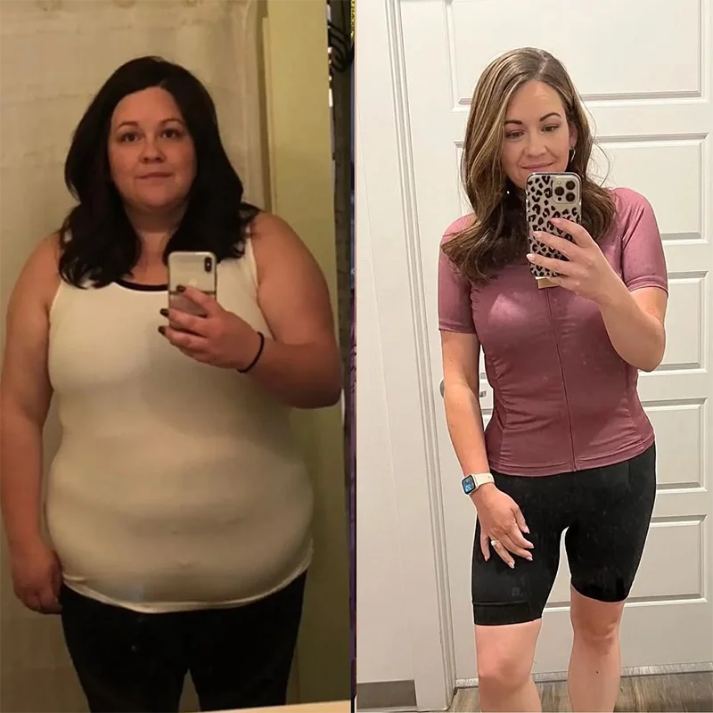 Side-by-side comparison of woman's fitness transformation, showing before and after progress photos.