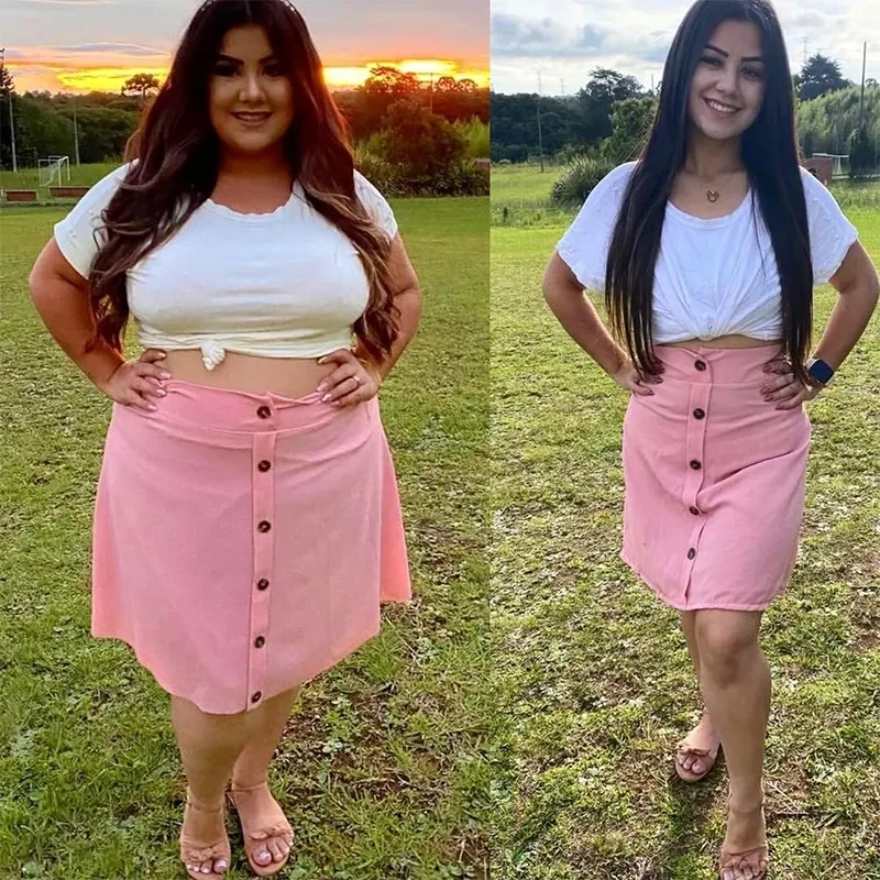 Before and after weight loss comparison of woman in white crop top and pink skirt in outdoor setting