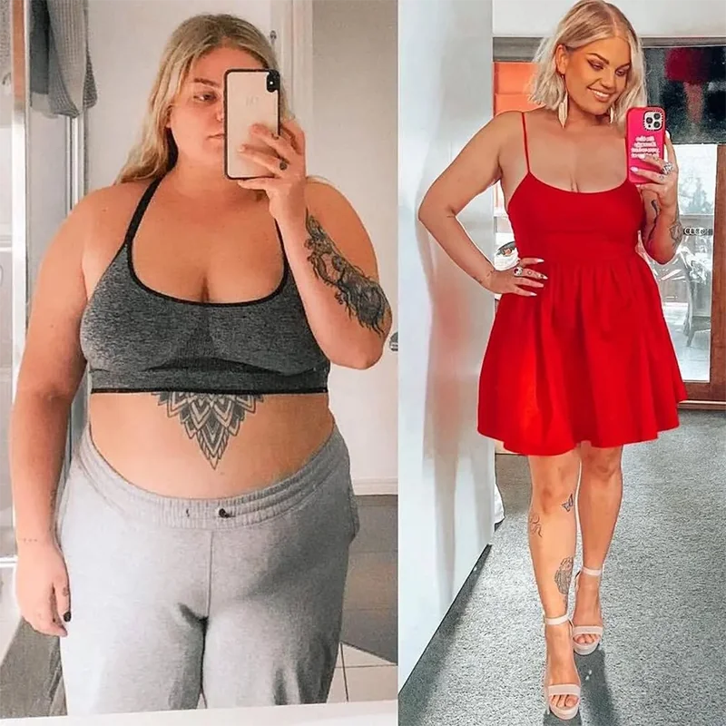 Woman's weight loss transformation comparison showing before and after photos