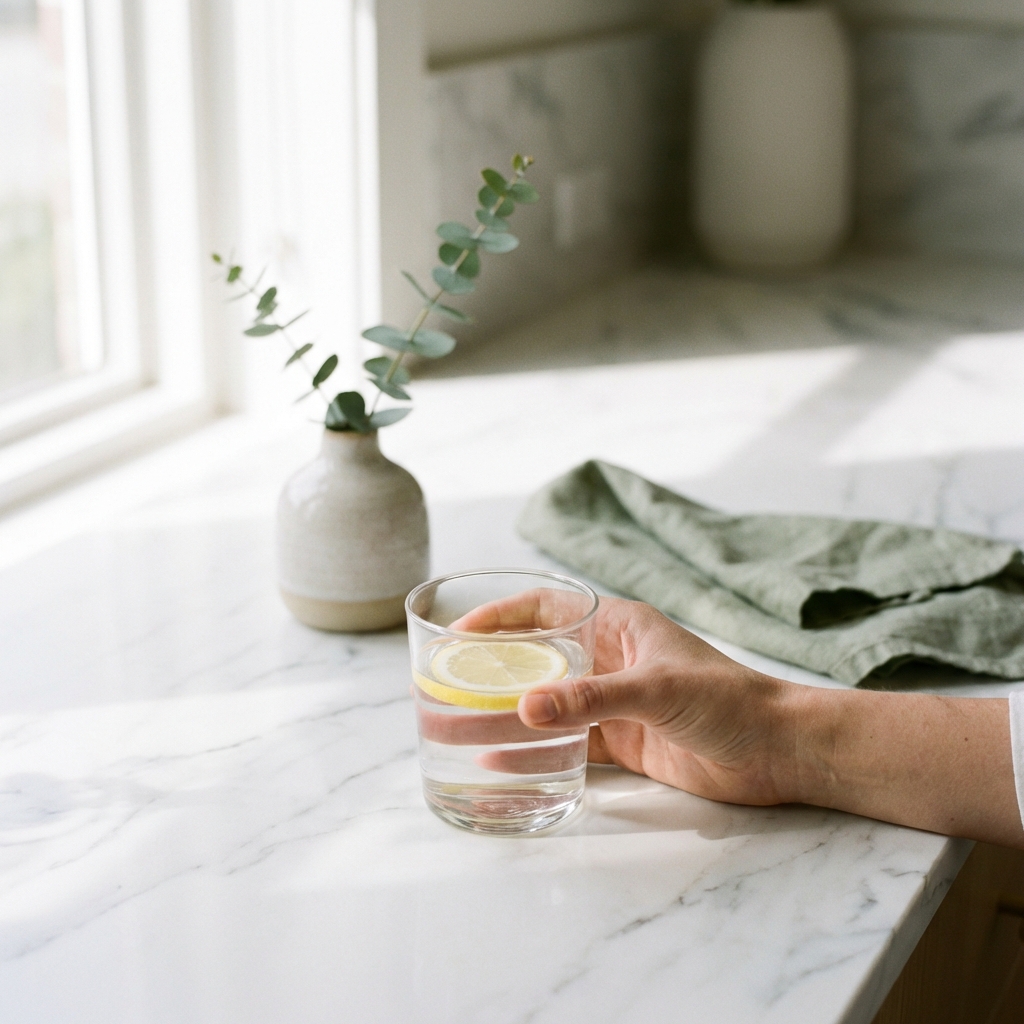 Hand holding glass of lemon water on marble table with eucalyptus plant and natural window light
