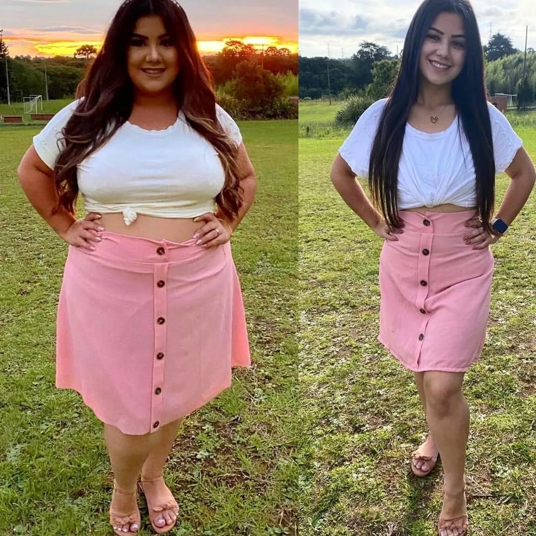 Before and after weight loss comparison of woman standing in outdoor field wearing pink skirt and white top