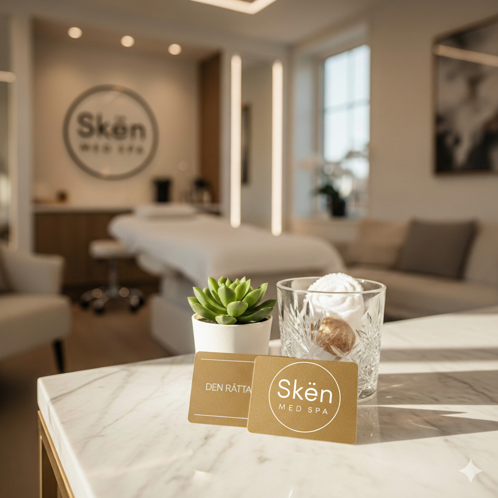Spa reception desk with Skén Med Spa branding, succulent plant, and crystal glass decor