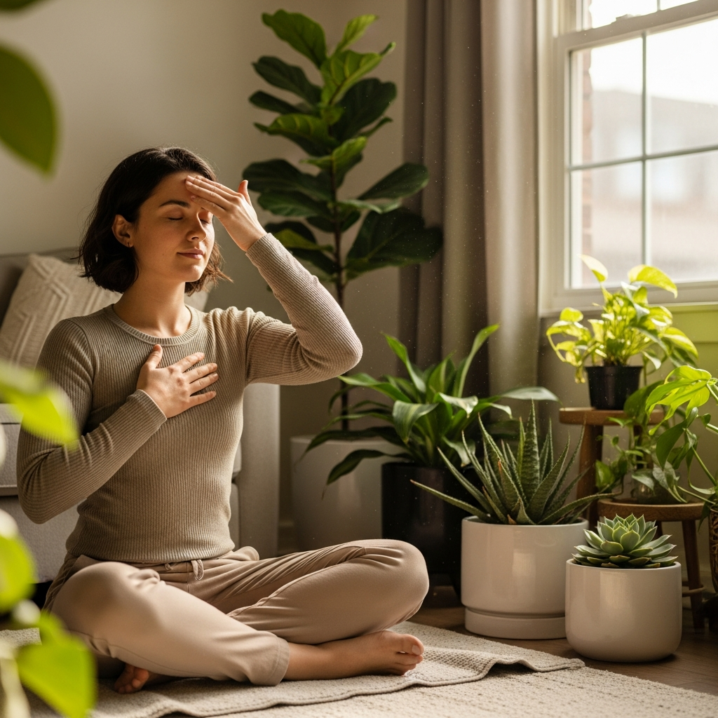 Woman meditating surrounded by potted plants near a sunny window