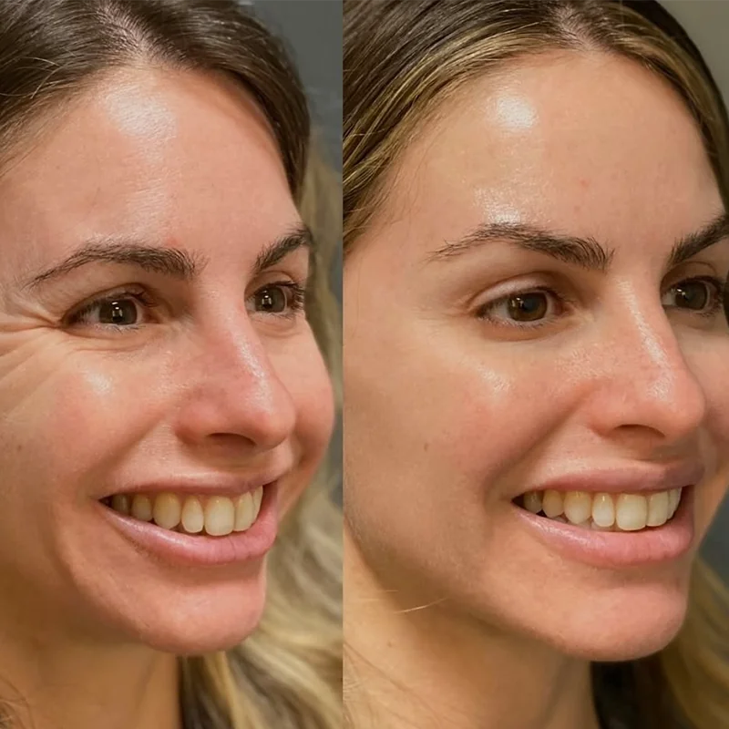 Before and after skincare comparison showing reduced forehead lines and improved skin texture