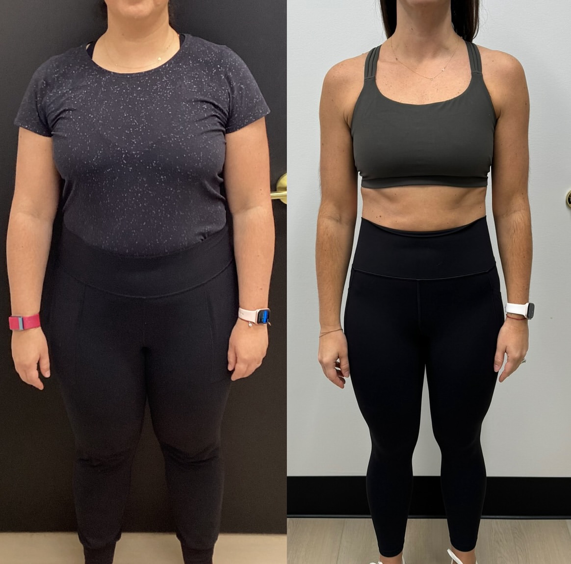 Before and after fitness transformation comparison showing body composition changes