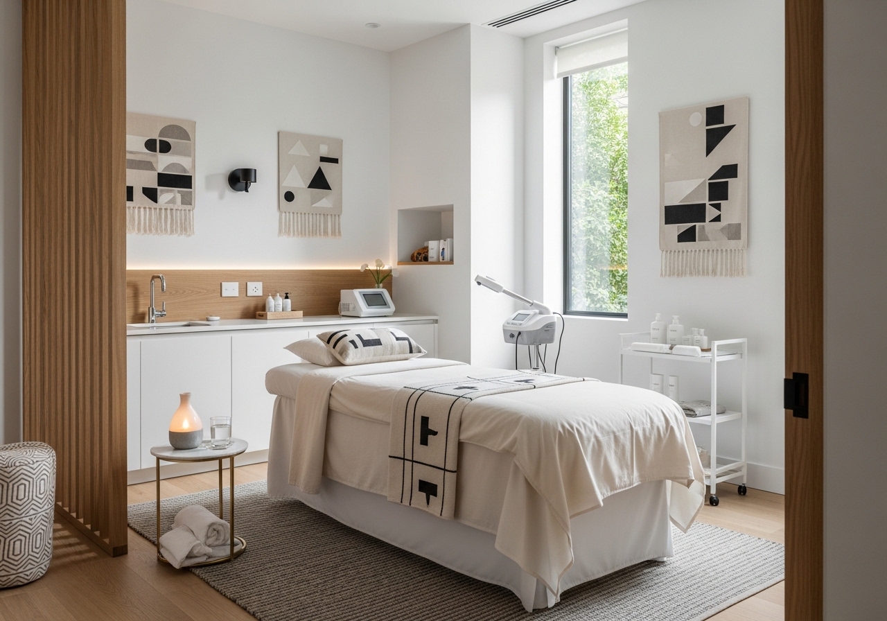 Modern spa treatment room with Swedish minimalist design and natural lighting