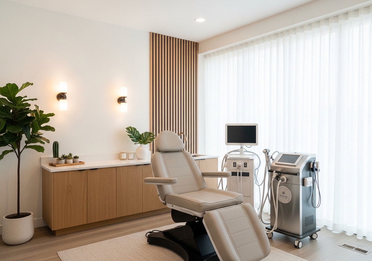 Modern medical spa treatment room with Scandinavian design and professional equipment