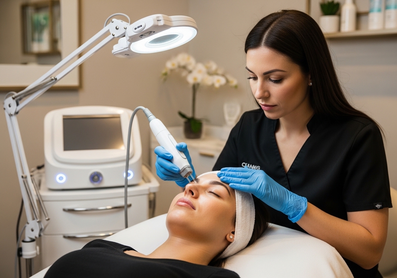 Client receiving professional microneedling facial treatment from skilled aesthetician