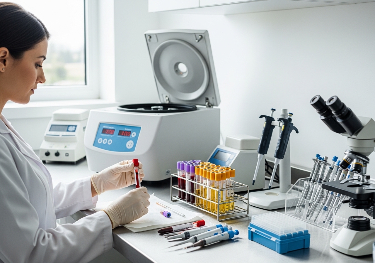 Medical professional preparing PRP/PRF regenerative therapy with centrifuge equipment