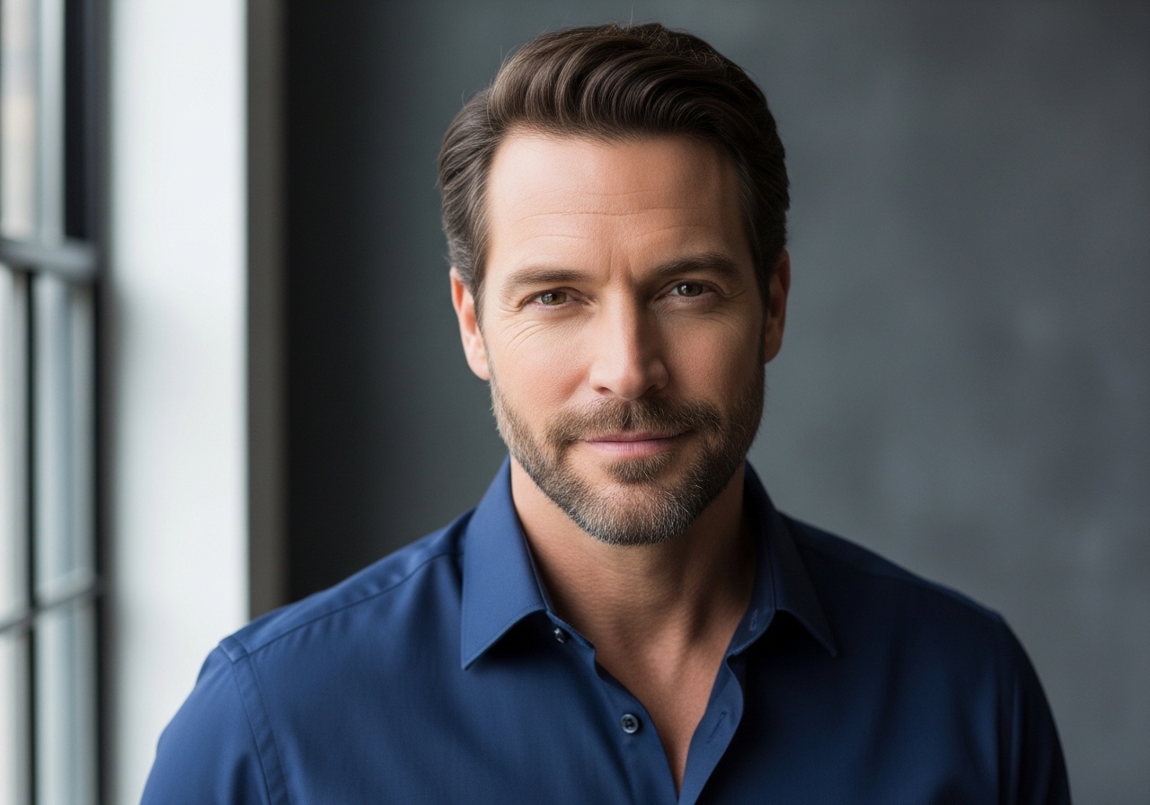 Confident professional man smiling naturally, representing masculine aesthetic treatment results