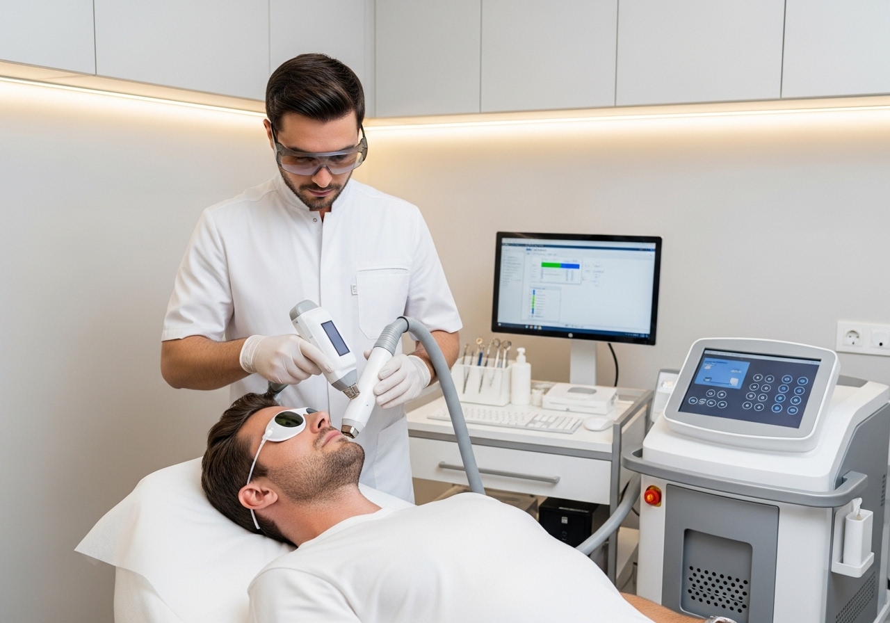 Man receiving laser hair removal treatment in modern medical spa setting