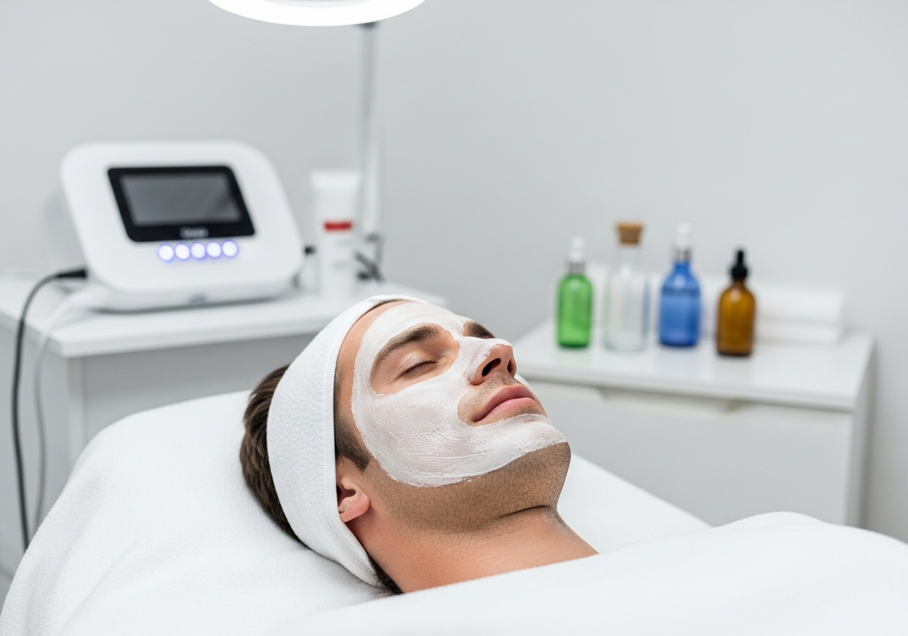 Man receiving professional facial treatment in clean, modern treatment room