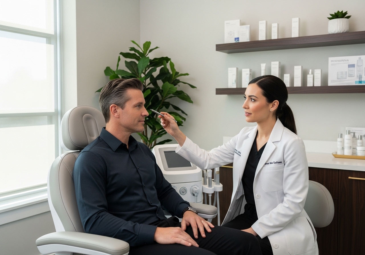 Male client consulting with practitioner about dermal filler treatment areas