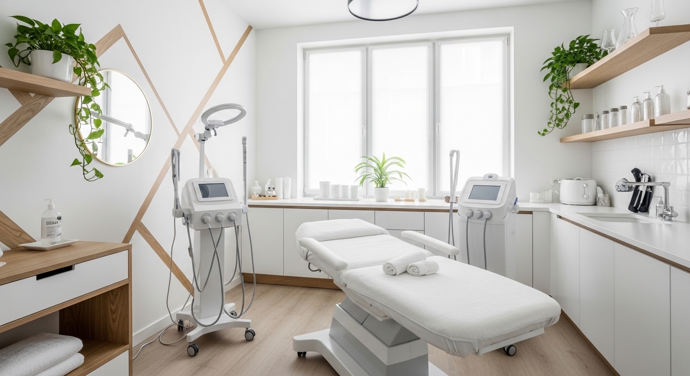 Modern treatment room with Swedish-inspired design at Skën Med Spa