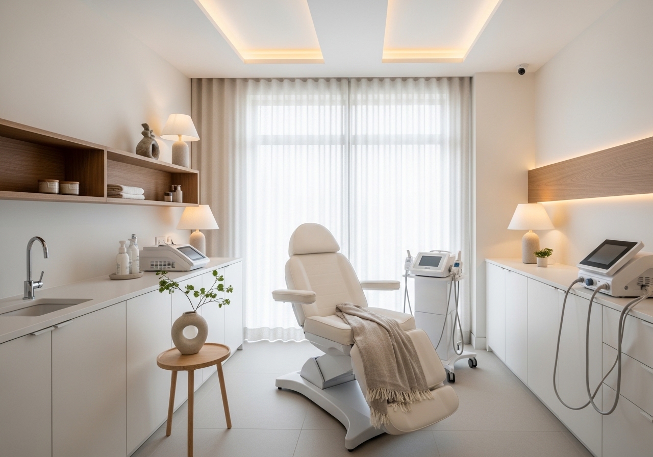 Elegant Swedish-inspired treatment room interior at Skën Med Spa