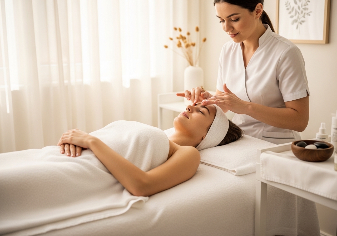 Bride-to-be receiving facial treatment in peaceful spa setting