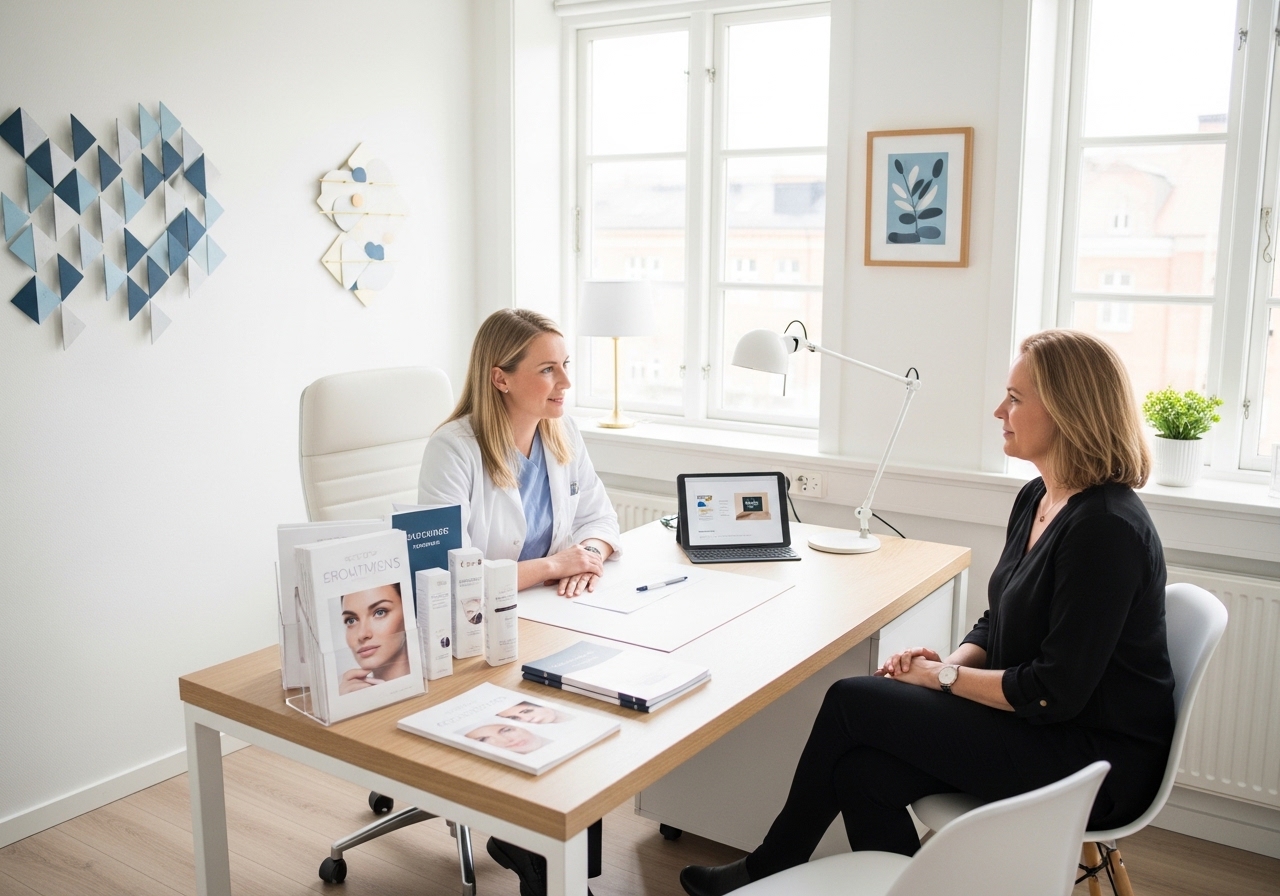 Healthcare practitioner consulting with client in bright, modern medical spa consultation room with educational materials