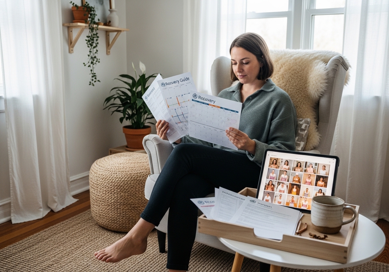 Person reviewing recovery timeline guides and healing progression materials in comfortable home setting