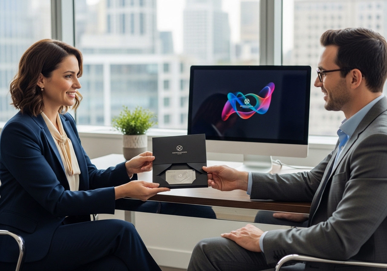 Business professionals exchanging premium gift cards in modern office