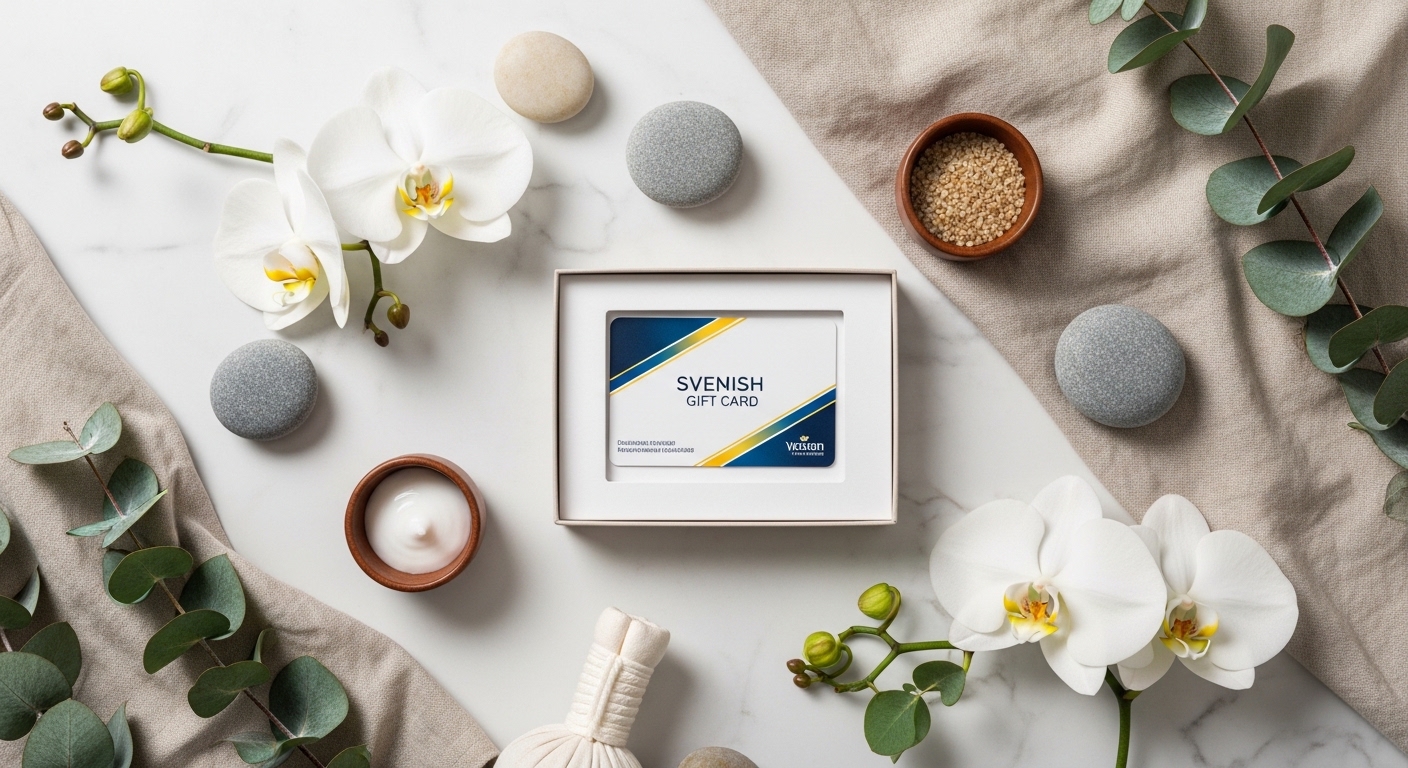 Elegant gift card presentation with Swedish wellness elements and white orchids
