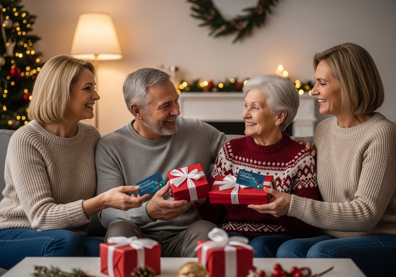 Family exchanging holiday gift cards in warm, festive living room setting