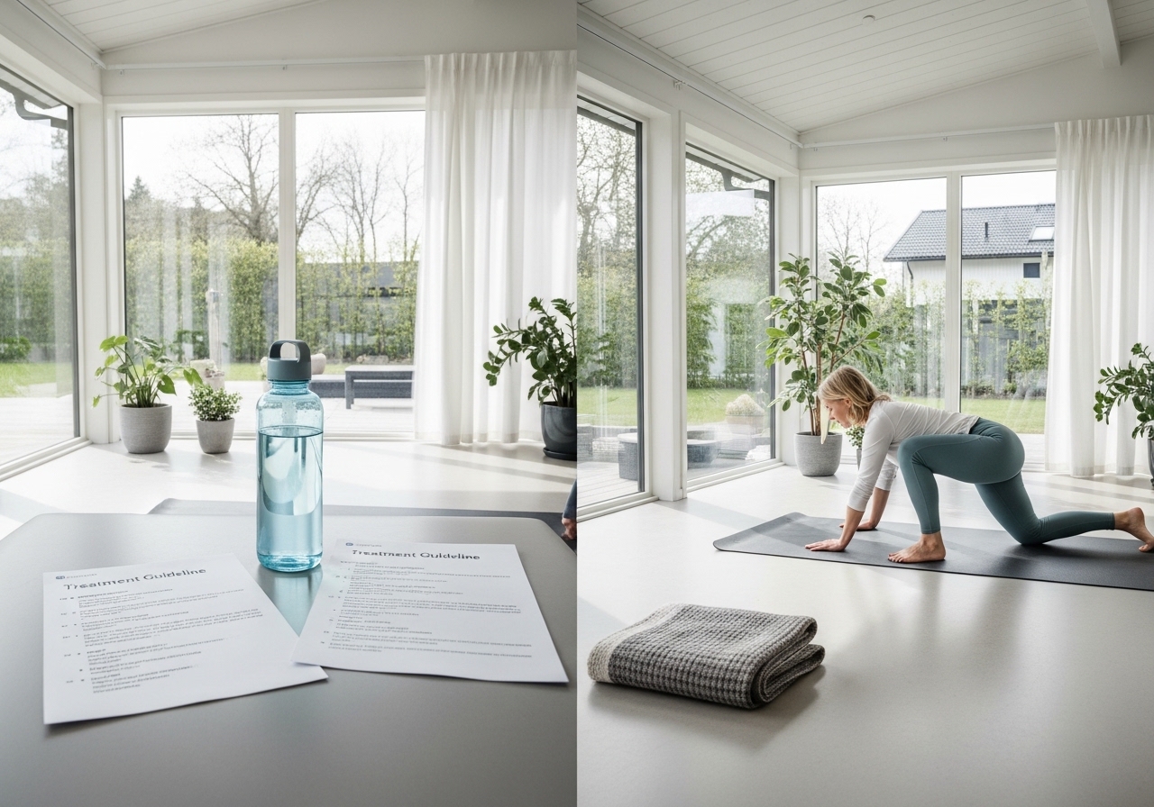 Woman practicing gentle yoga with treatment guideline documents nearby in bright wellness space