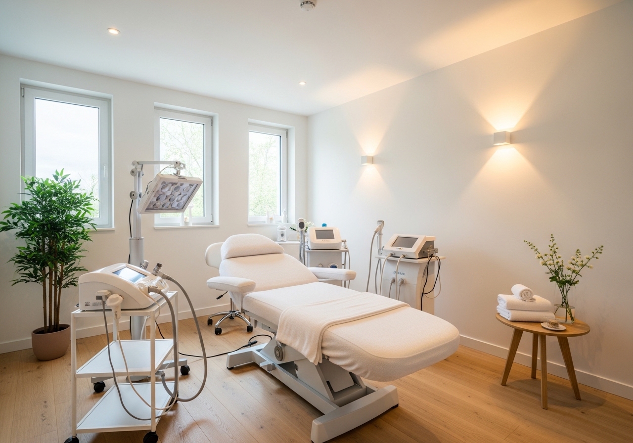 Elegant medical spa treatment room with Swedish-inspired design and modern aesthetic equipment