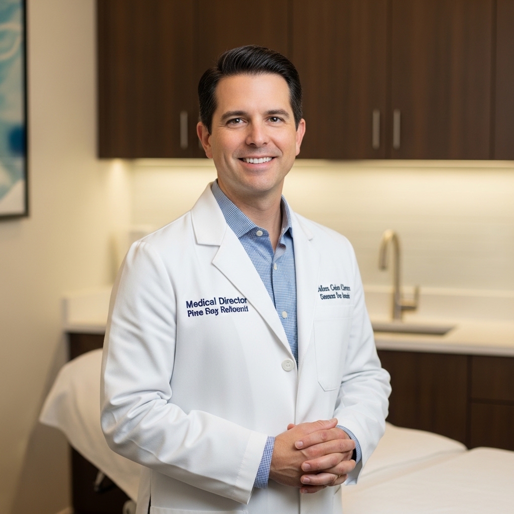 Professional headshot of medical director in white coat at medical spa