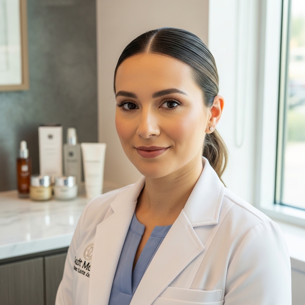 Professional headshot of medical aesthetician in spa treatment environment
