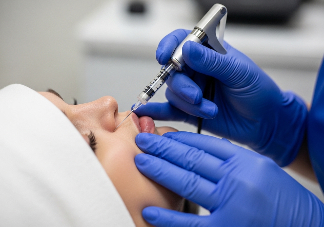 Close-up of precise injectable treatment technique being performed