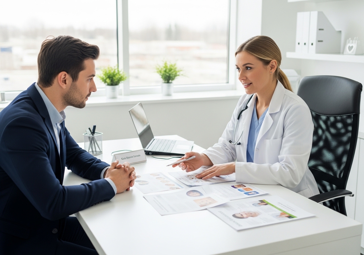 Medical professional consulting with client about injectable treatments