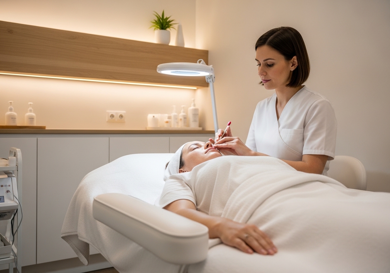 Client receiving professional facial treatment in a serene treatment room
