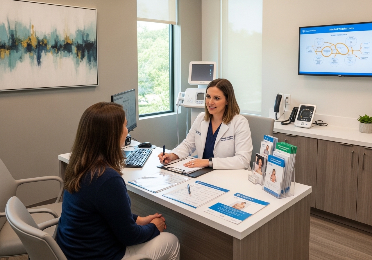 Healthcare practitioner consulting with patient about medical weight loss treatments
