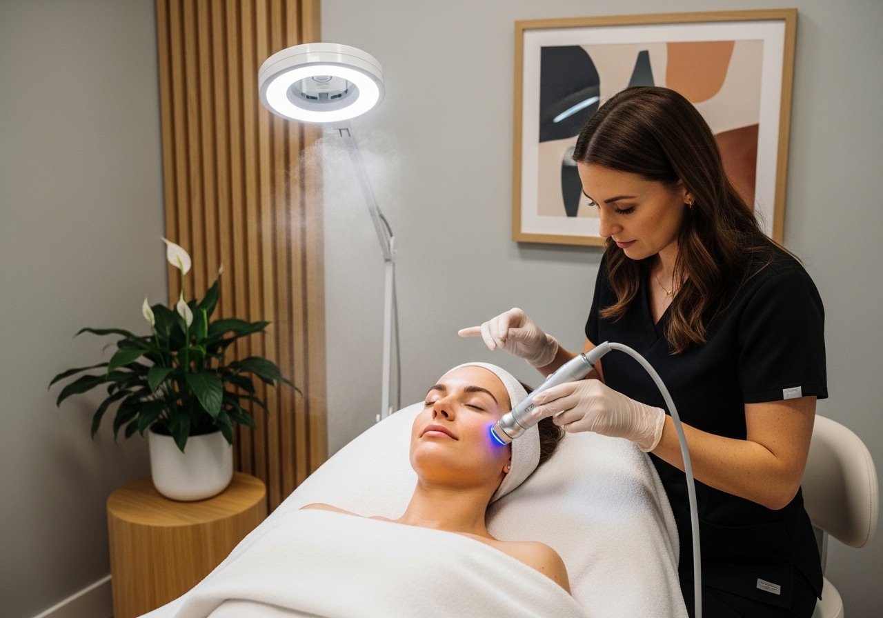 Patient receiving advanced facial treatment in peaceful spa environment