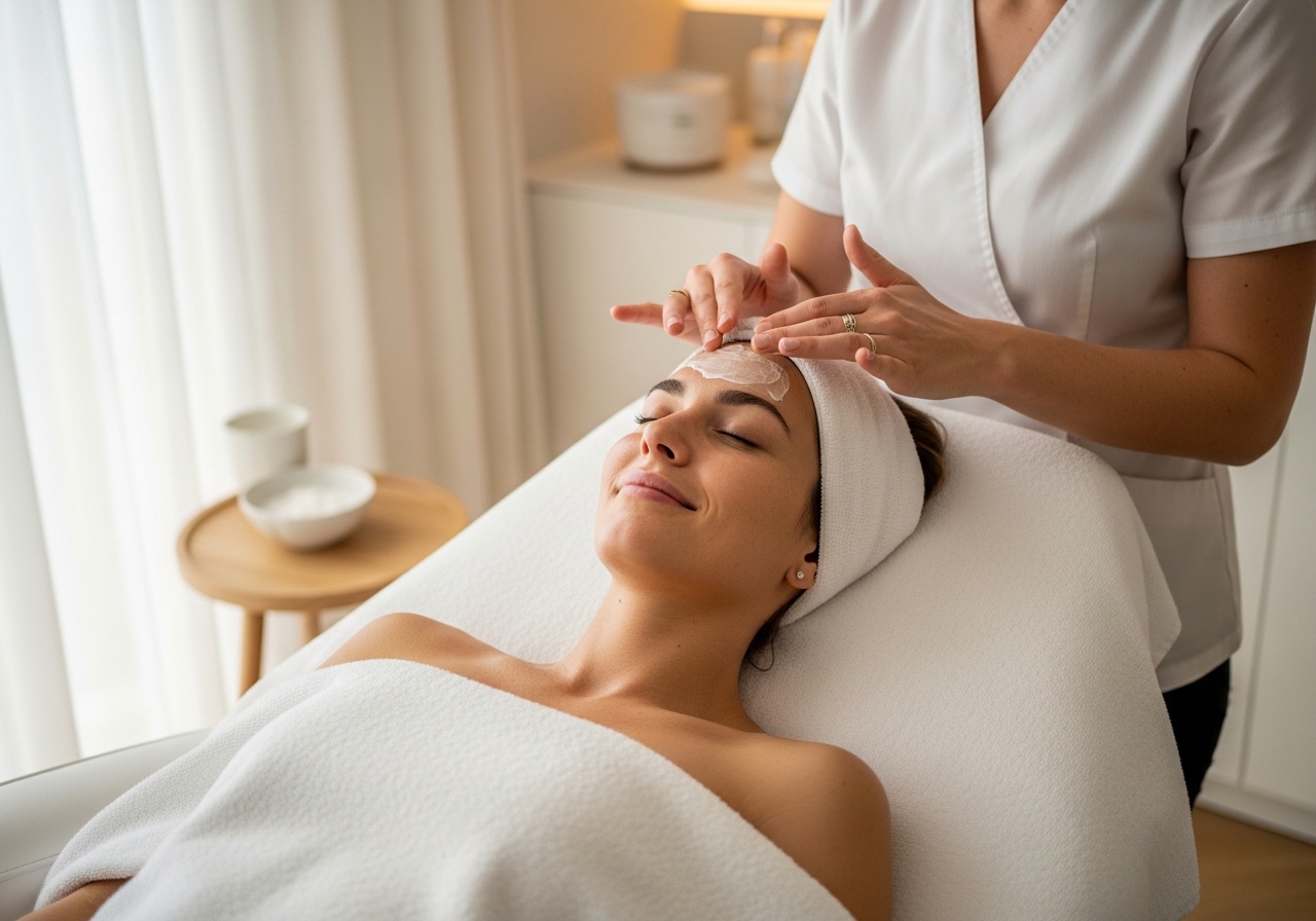 Woman receiving facial treatment in Swedish-inspired spa setting