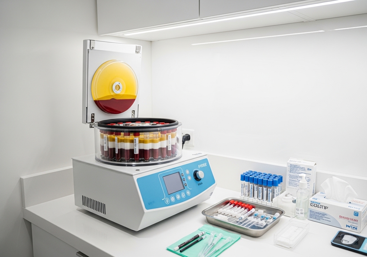 PRP centrifuge separating blood components for hair restoration treatment