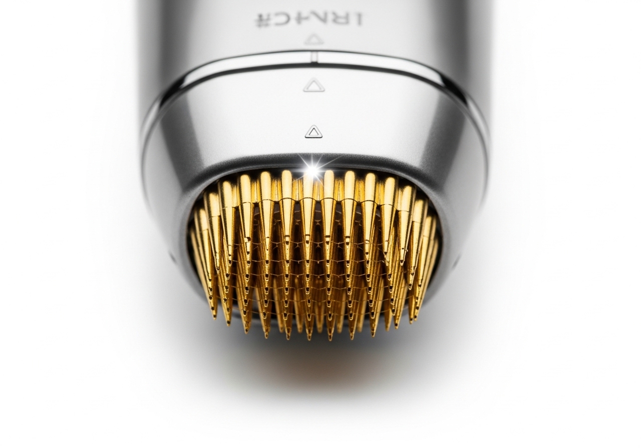Close-up of RF microneedling device showing precision needle array