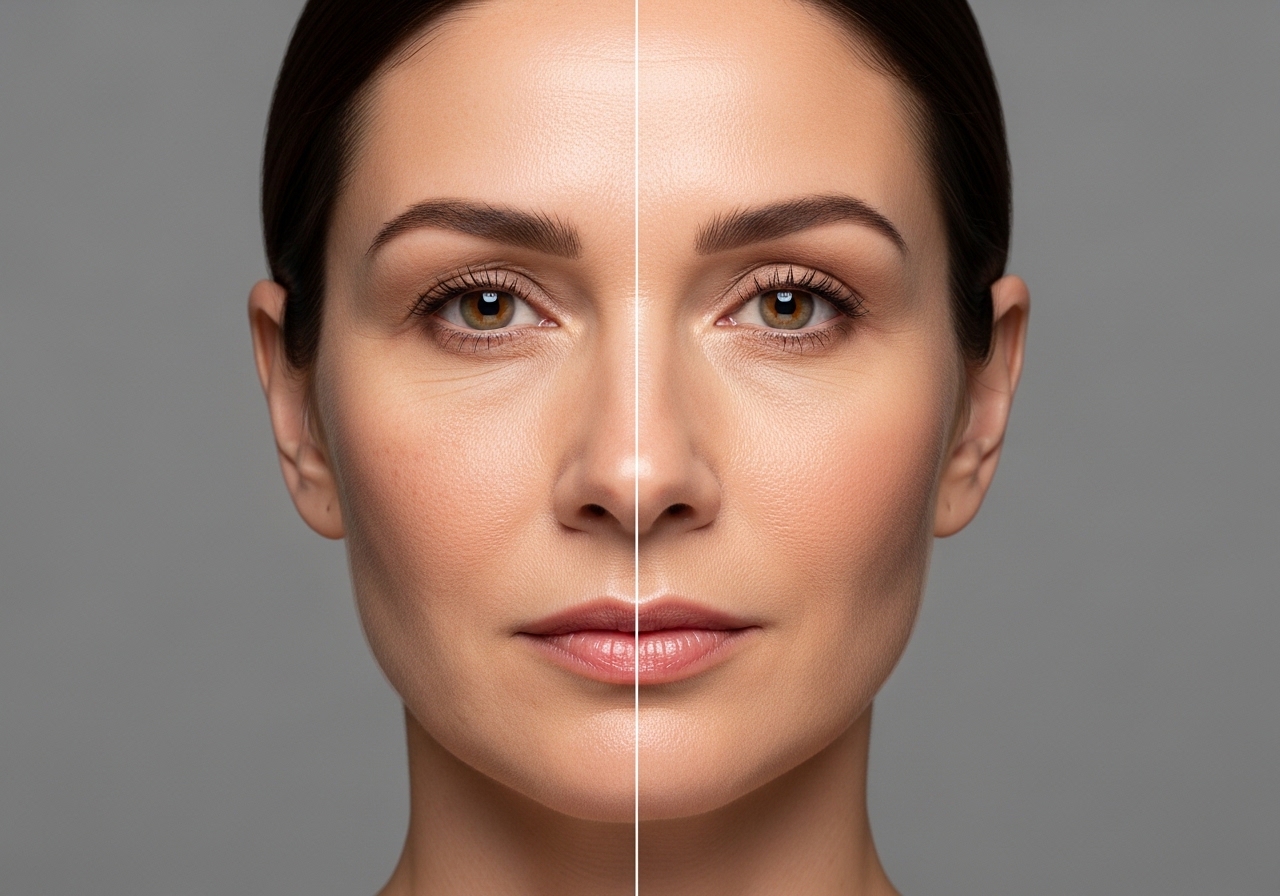 Before and after facial skin improvement from RF microneedling