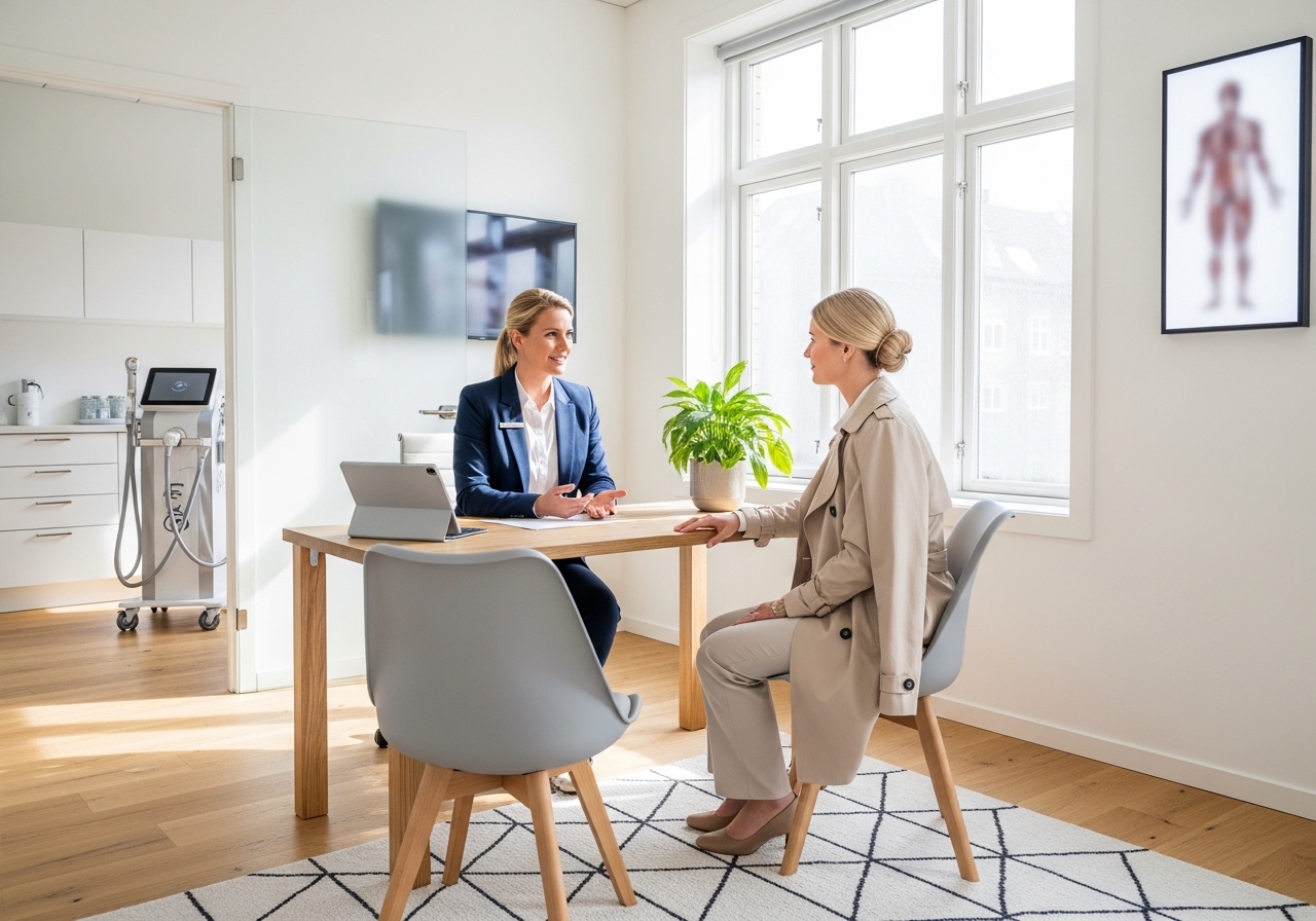 Medical practitioner consulting with client in modern, Nordic-inspired treatment room