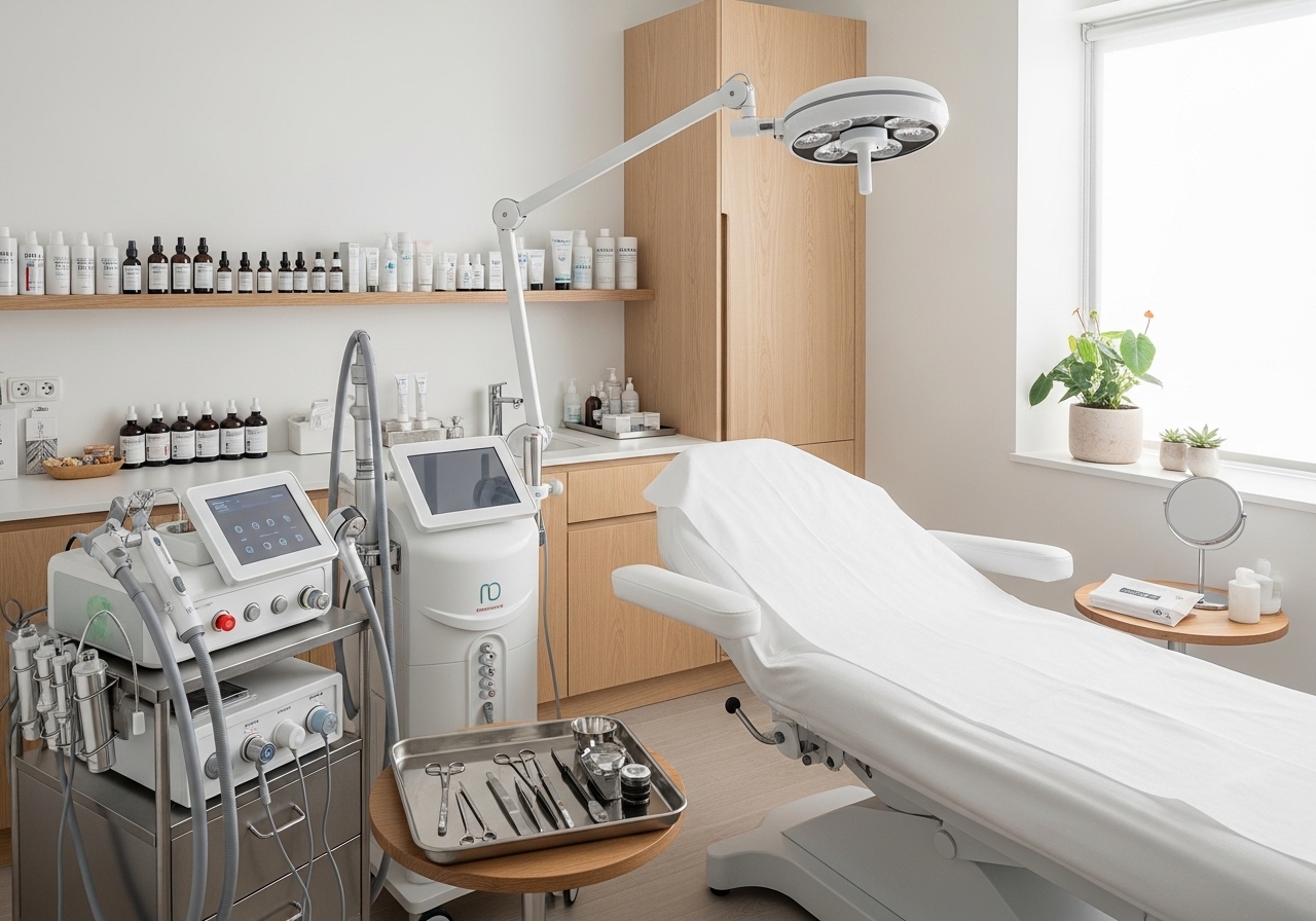 Modern medical spa treatment room with Swedish-inspired design and advanced equipment