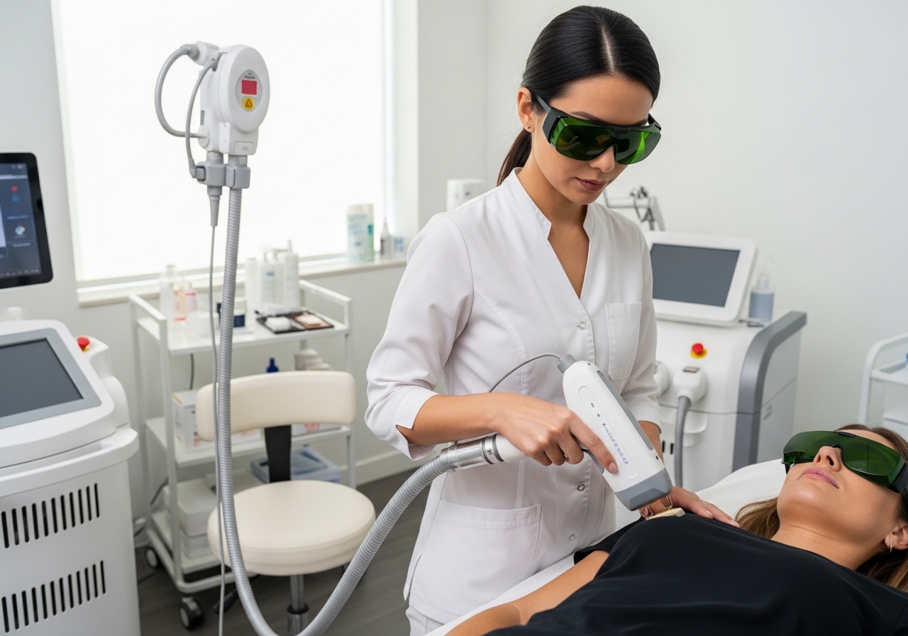 Medical professional performing laser hair removal with advanced medical-grade equipment