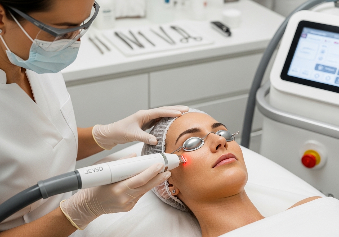 Medical professional performing Erbium YAG laser resurfacing treatment on patient