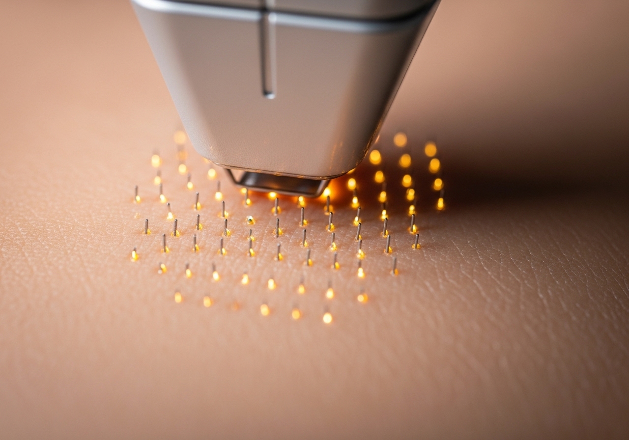 Close-up of fractional CO2 laser creating precise microscopic treatment zones