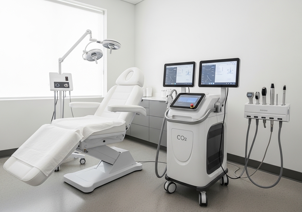 Modern CO2 laser treatment room with advanced laser equipment and treatment chair