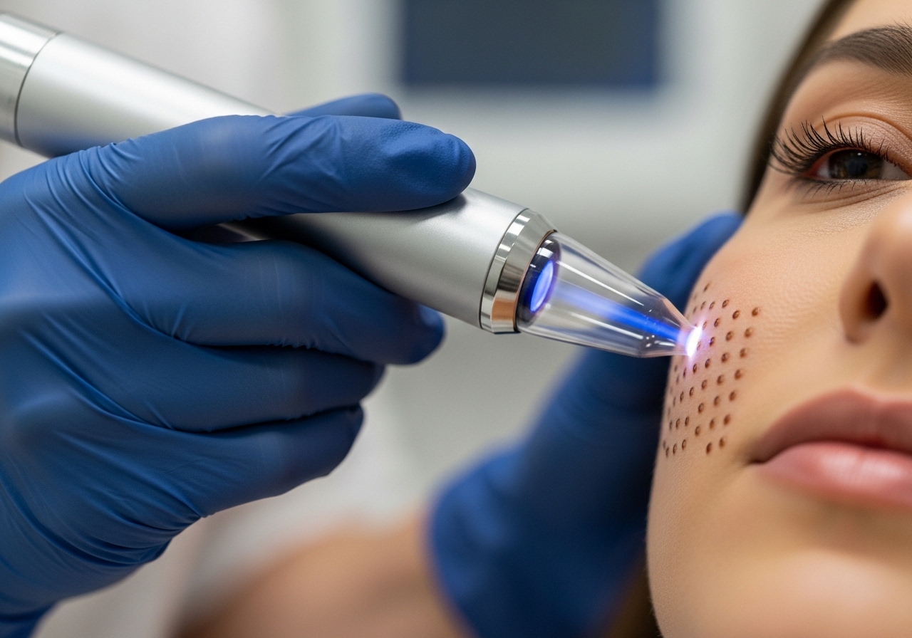 Medical professional applying plasma pen treatment to patient's face