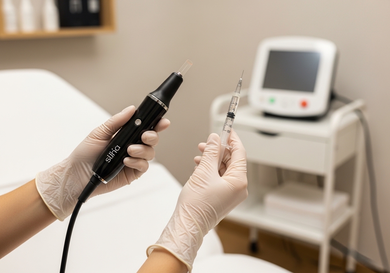 Medical professional with plasma pen and Botox injection demonstrating combination treatment